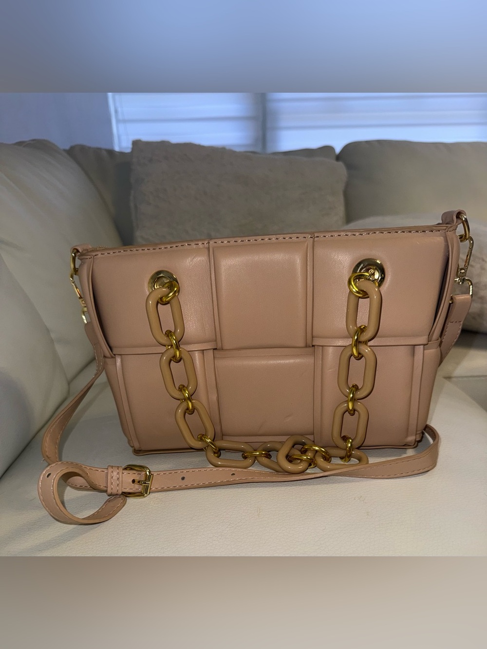 Faux Leather Crossbody Bag in Nude with Gold Chain - Picture 2 of 2